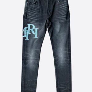 Amiri Faded Black Blue Crystal Staggered Logo Jeans